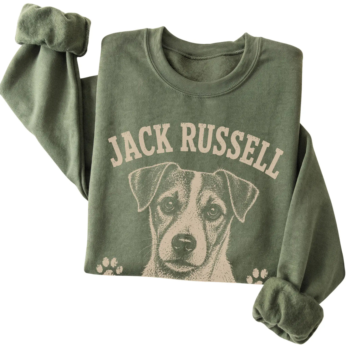 Military Green crewneck sweatshirt featuring Fueled By Curiosity & Bad Ideas - Jack Russell, folded presentation