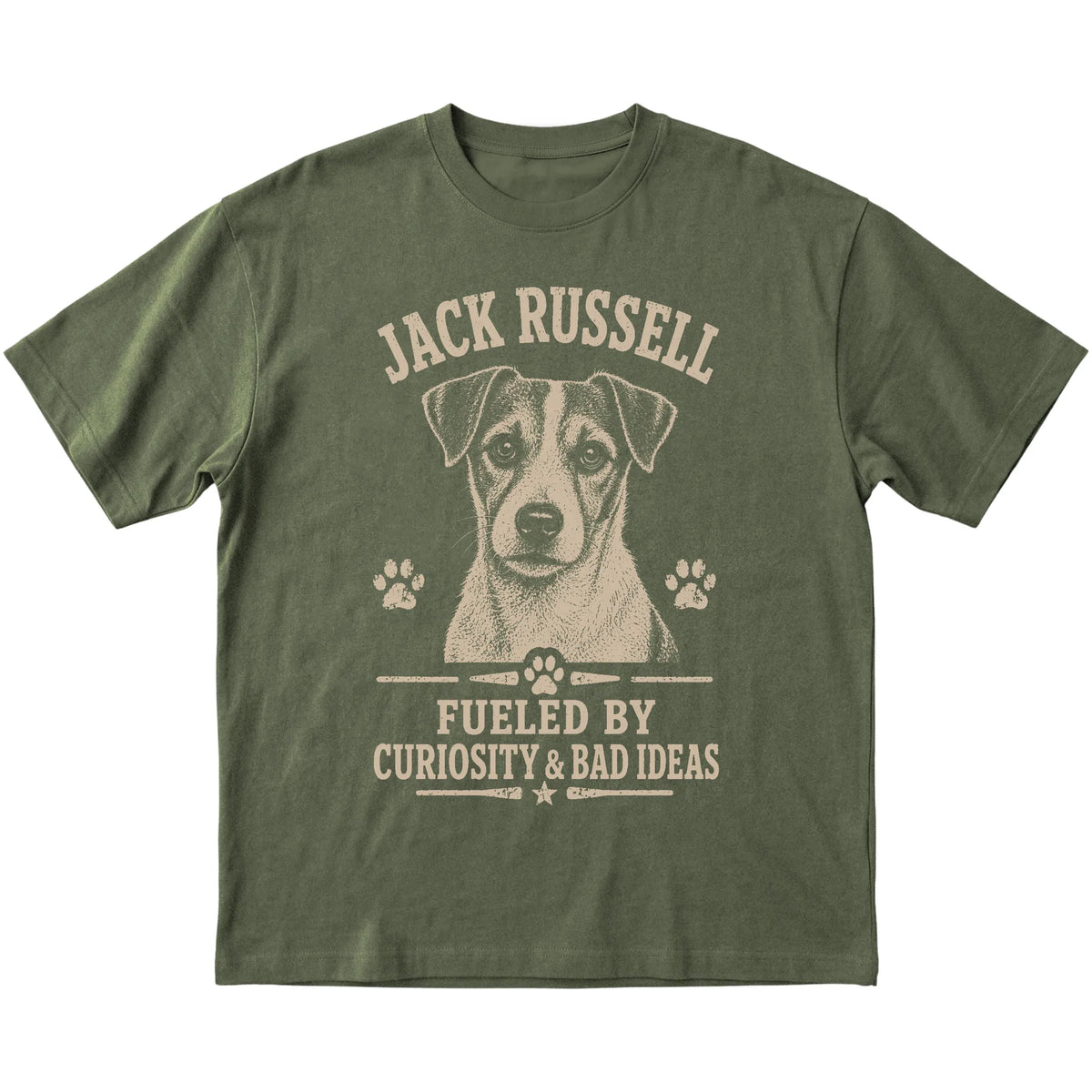 Military Green T-shirt featuring Fueled By Curiosity & Bad Ideas - Jack Russell, laid-flat presentation