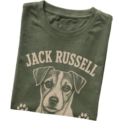 Military Green T-shirt featuring Fueled By Curiosity & Bad Ideas - Jack Russell, folded presentation