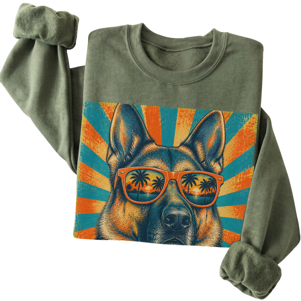 Folded Military Green crewneck sweatshirt with a Retro German Shepherd Dad design
