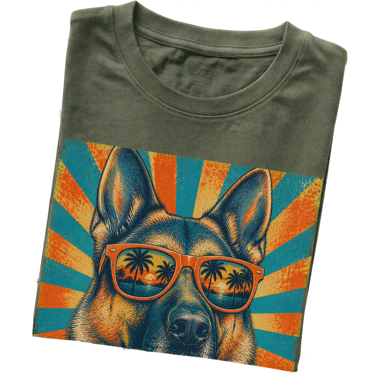 Folded Military Green softstyle T-shirt with a Retro German Shepherd Dad design