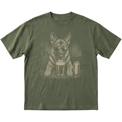 Military Green German Shepherd drinking from a pint at a bar, laid flat