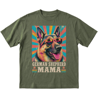 Retro German Shepherd Mama design on a Military Green softstyle T-shirt