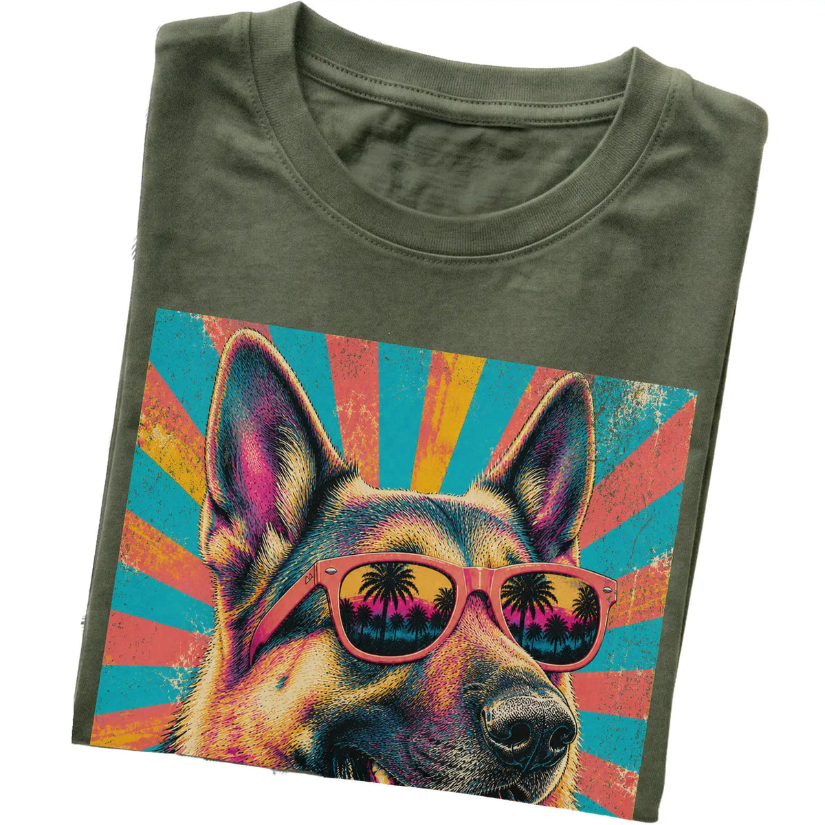 Folded Military Green softstyle T-shirt with a Retro German Shepherd Mama design