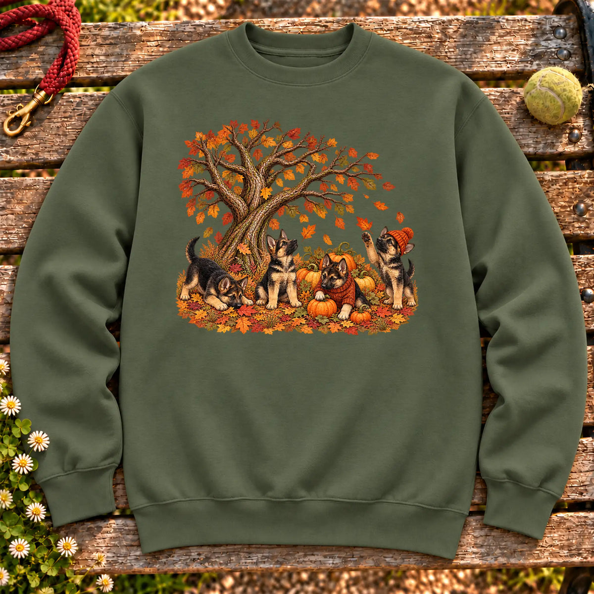 Four German Shepherd puppies with pumpkins beneath an autumn tree on a Military Green crewneck sweatshirt