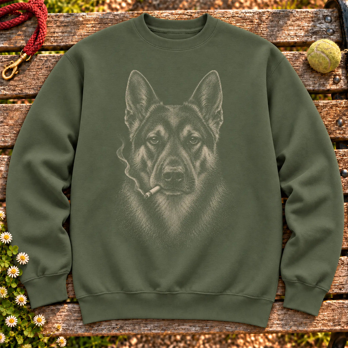 German Shepherd smoking design on a Military Green sweatshirt