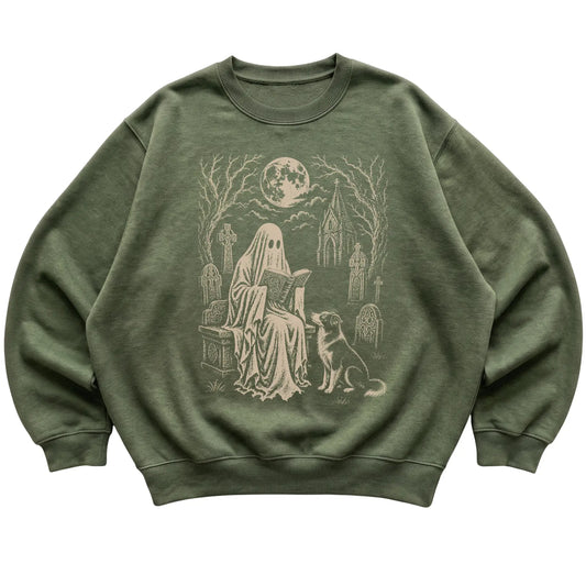 Military Green crewneck sweatshirt featuring Ghost Reading to Border Collie, laid-flat presentation