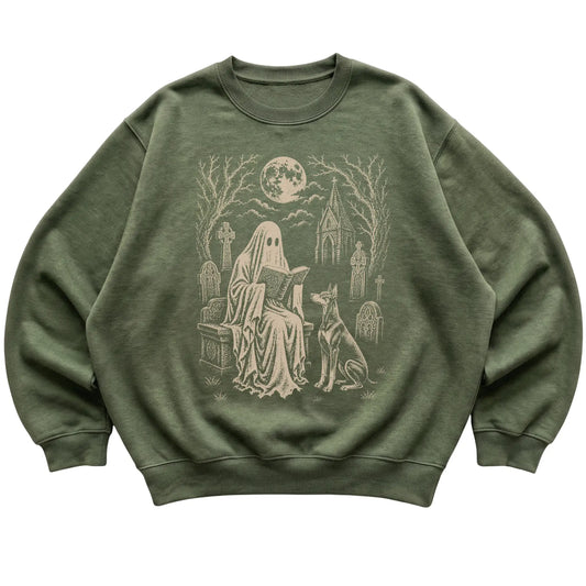 Military Green crewneck sweatshirt featuring Ghost Reading to Doberman, laid-flat presentation