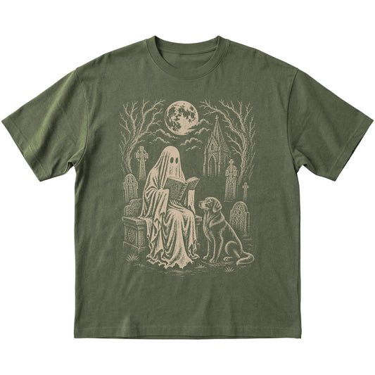 Military Green T-shirt featuring Ghost Reading to Golden Retriever, laid-flat presentation