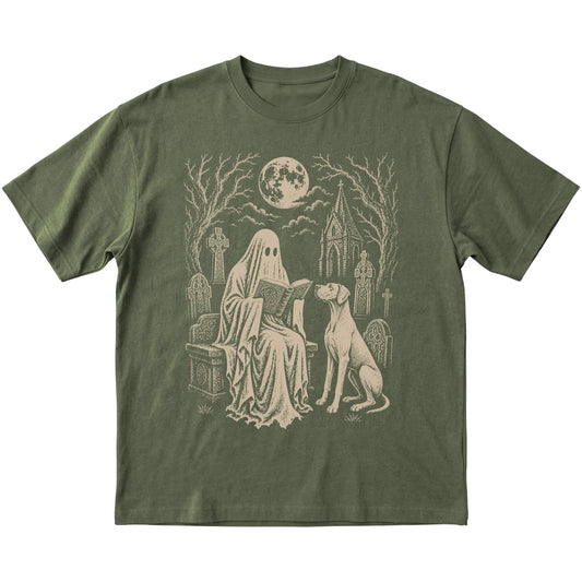 Military Green T-shirt featuring Ghost Reading to Great Dane, laid-flat presentation