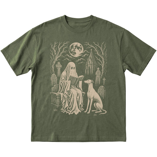 Military Green T-shirt featuring Ghost Reading to Greyhound, laid-flat presentation