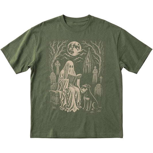 Military Green T-shirt featuring Ghost Reading to Schnauzer, laid-flat presentation
