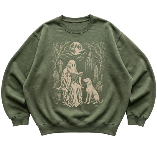 Military Green crewneck sweatshirt featuring Ghost Reading to Weimaraner, laid-flat presentation
