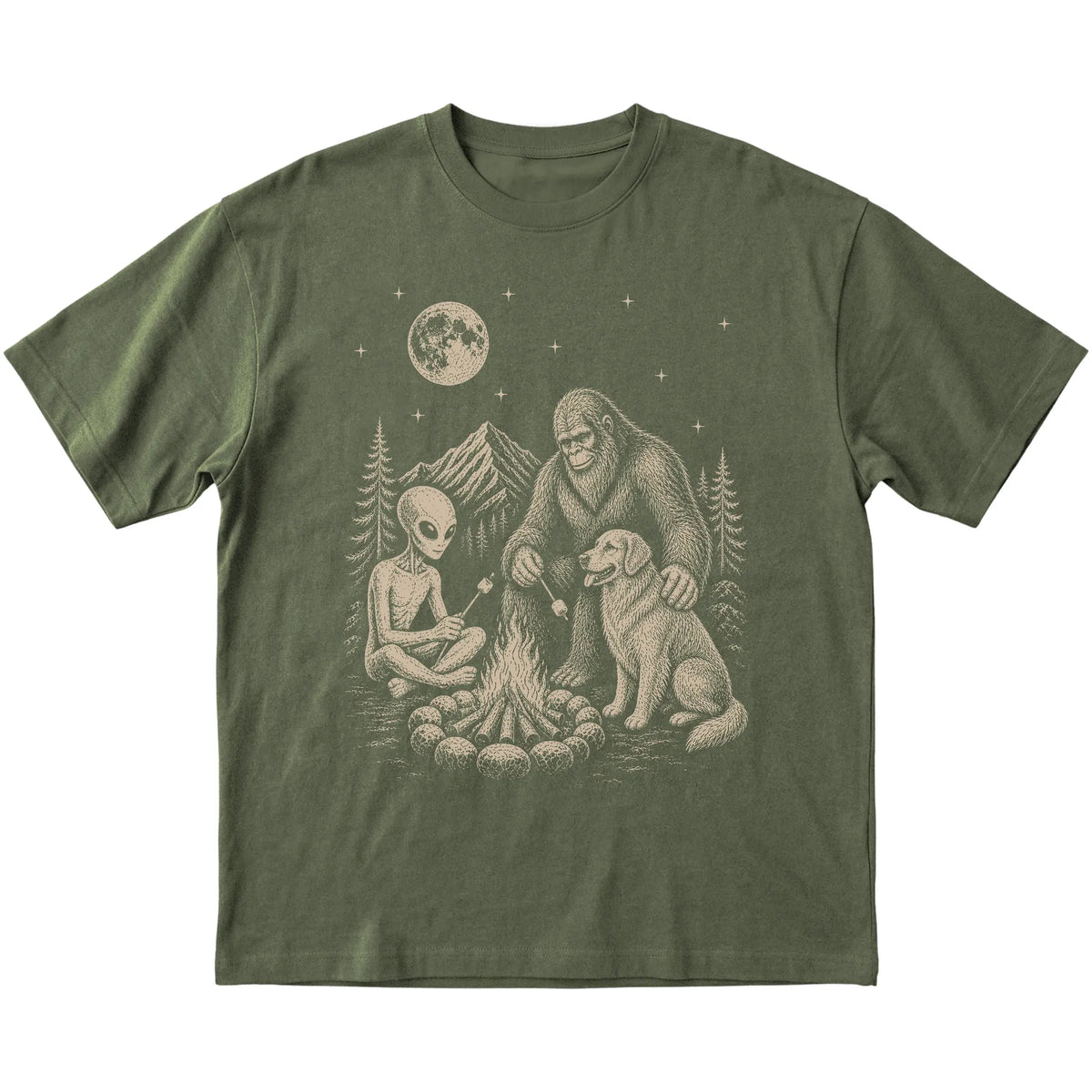 Military Green Golden Retriever Camping with Bigfoot and Alien shirt laid flat