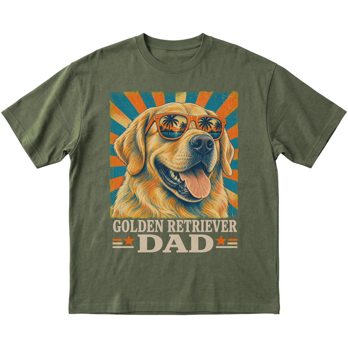 Retro Golden Retriever Dad design on a Military Green softstyle T-shirt