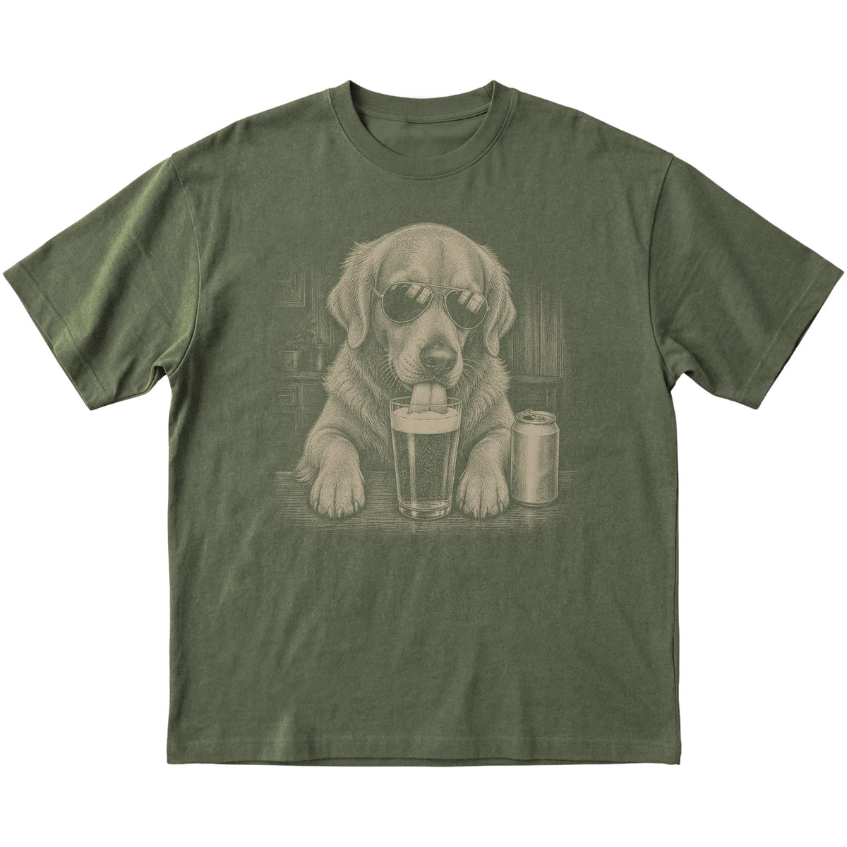 Military Green Golden Retriever drinking from a pint at a bar, laid flat