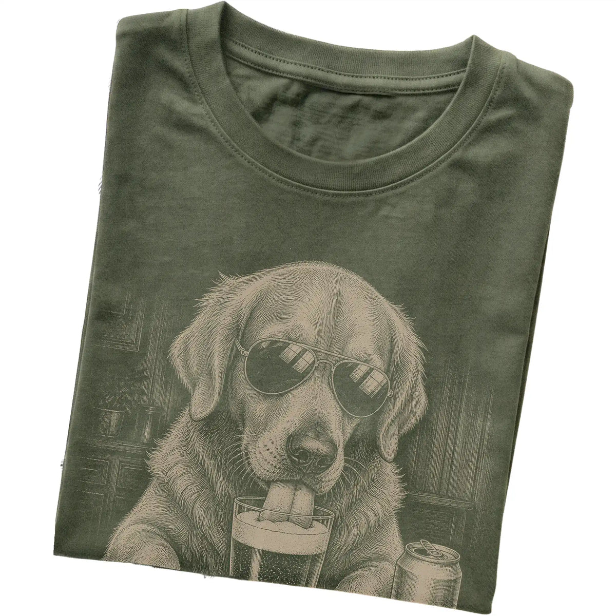 Military Green Golden Retriever drinking from a pint at a bar, folded detail view