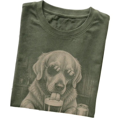 Military Green Golden Retriever drinking from a pint at a bar, folded detail view