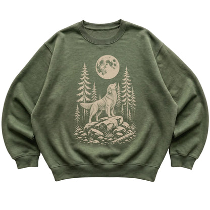 Close view of Golden Retriever Howling at the Moon artwork on Military Green crewneck sweatshirt