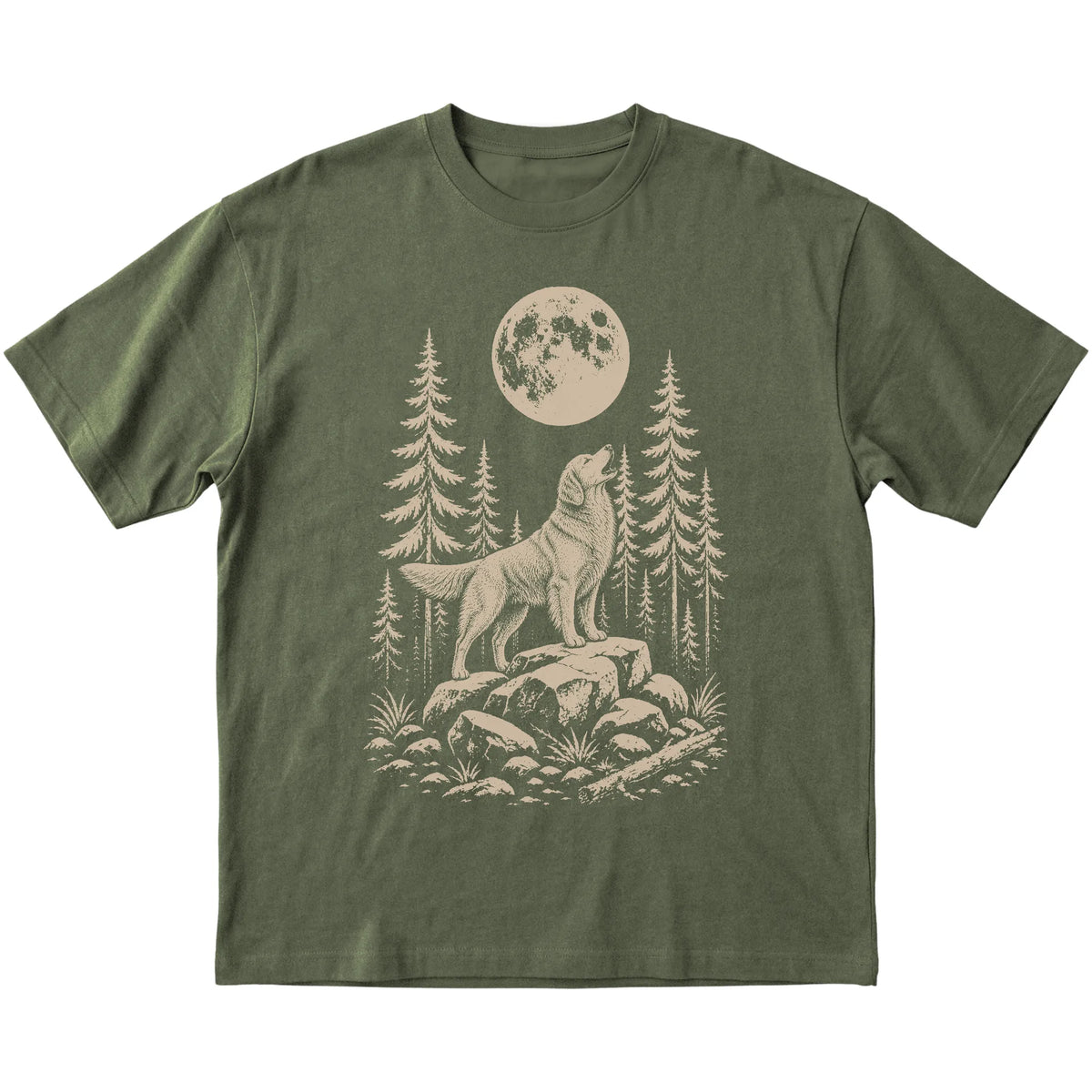 Close view of Golden Retriever Howling at the Moon artwork on Military Green softstyle T-shirt