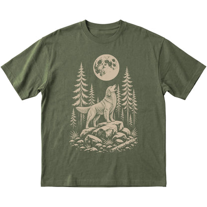 Close view of Golden Retriever Howling at the Moon artwork on Military Green softstyle T-shirt