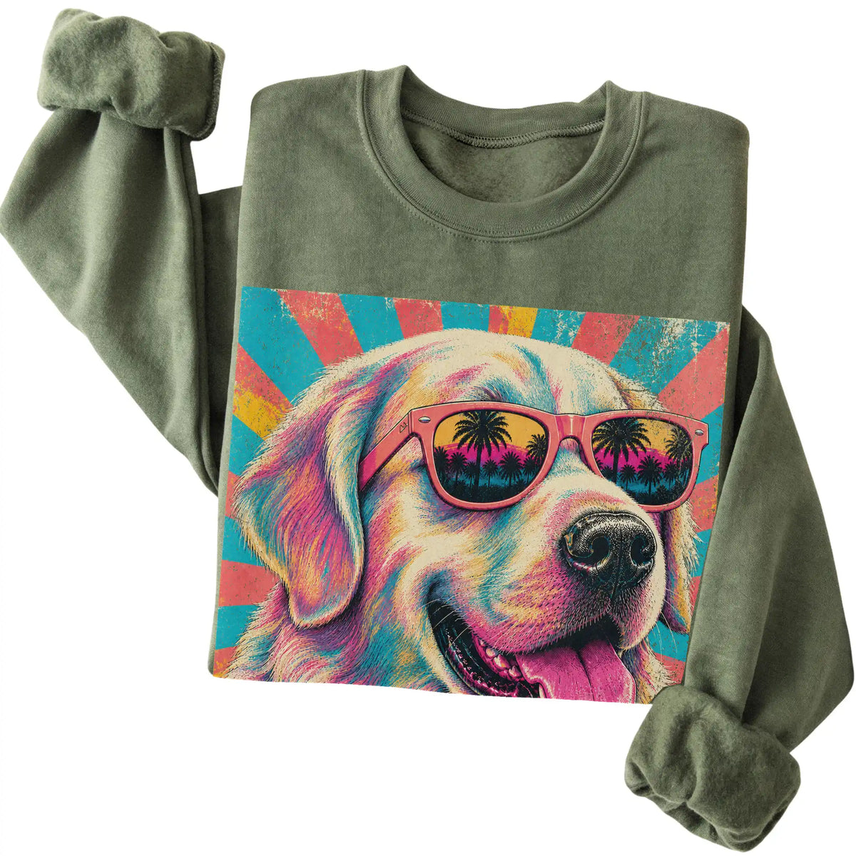 Folded Military Green crewneck sweatshirt with a Retro Golden Retriever Mama design
