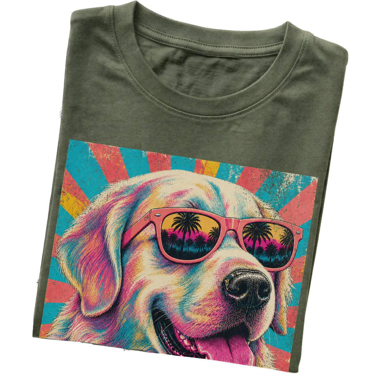 Folded Military Green softstyle T-shirt with a Retro Golden Retriever Mama design