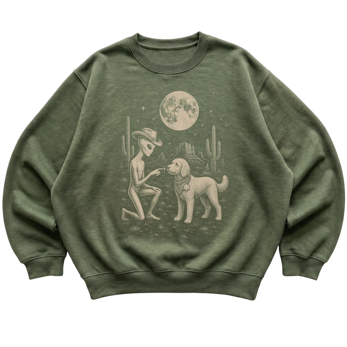 Military Green crewneck sweatshirt featuring Goldendoodle Cowboy and Alien, laid-flat presentation