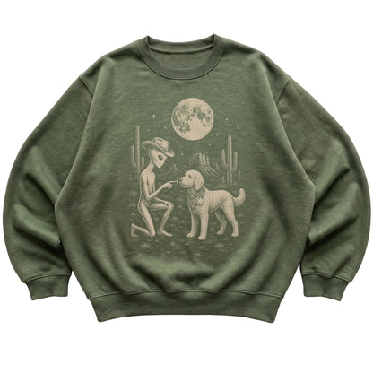 Military Green crewneck sweatshirt featuring Goldendoodle Cowboy and Alien, laid-flat presentation