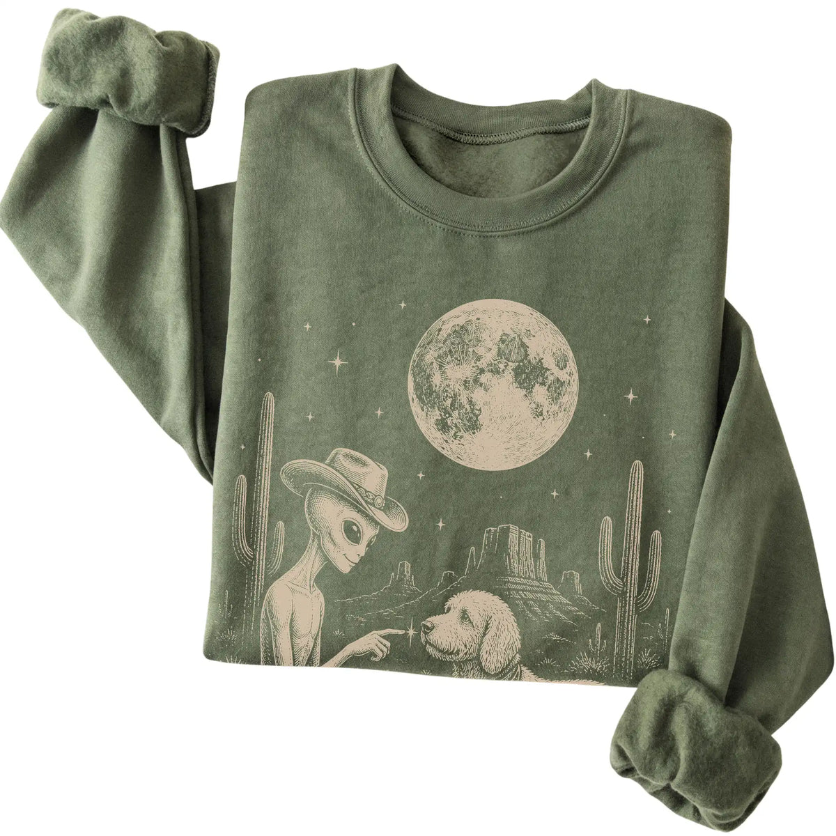Military Green crewneck sweatshirt featuring Goldendoodle Cowboy and Alien, folded presentation
