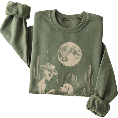 Military Green crewneck sweatshirt featuring Goldendoodle Cowboy and Alien, folded presentation