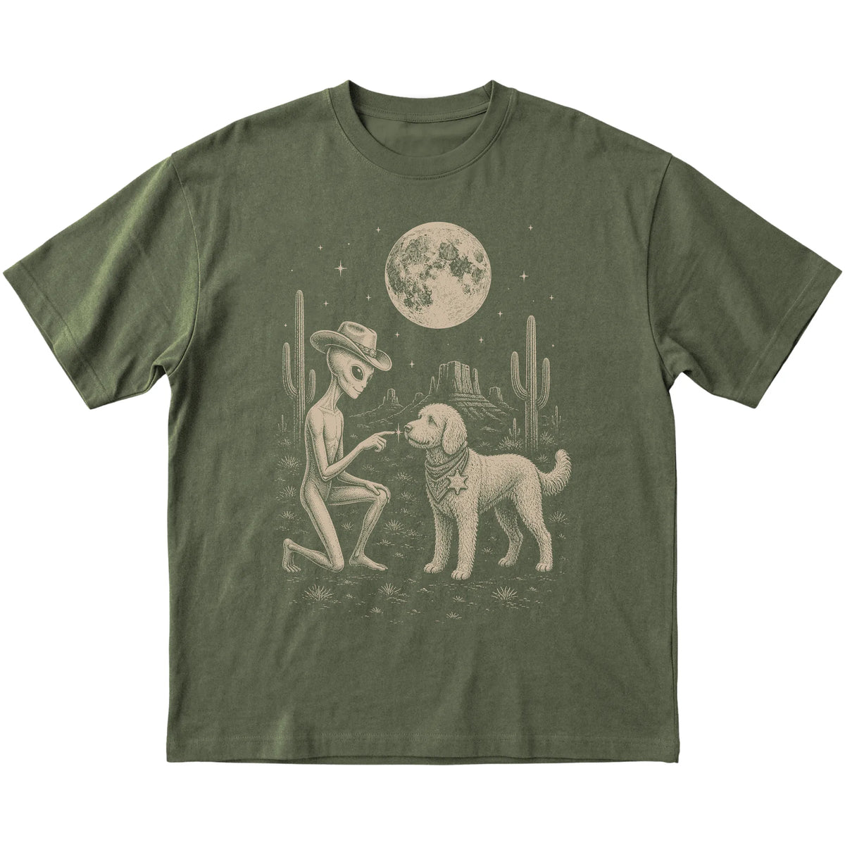 Military Green T-shirt featuring Goldendoodle Cowboy and Alien, laid-flat presentation