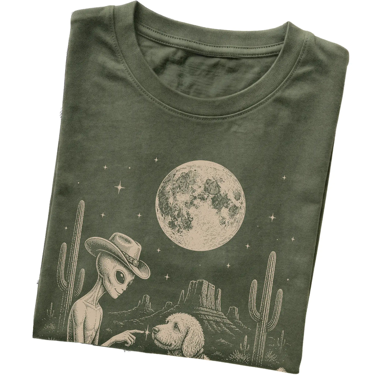 Military Green T-shirt featuring Goldendoodle Cowboy and Alien, folded presentation