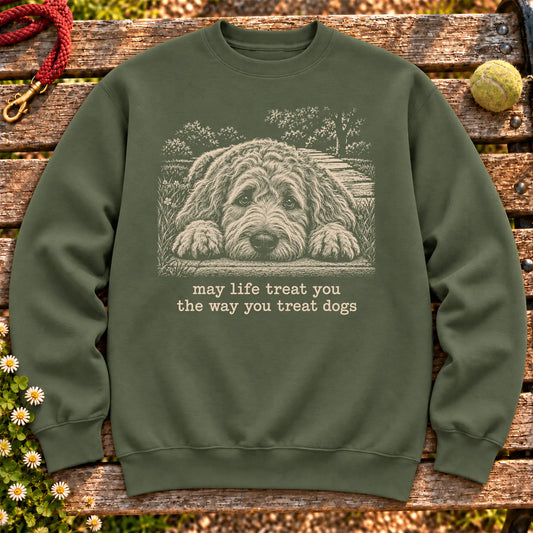 Goldendoodle Karma dog quote design on a Military Green crewneck sweatshirt shown flat