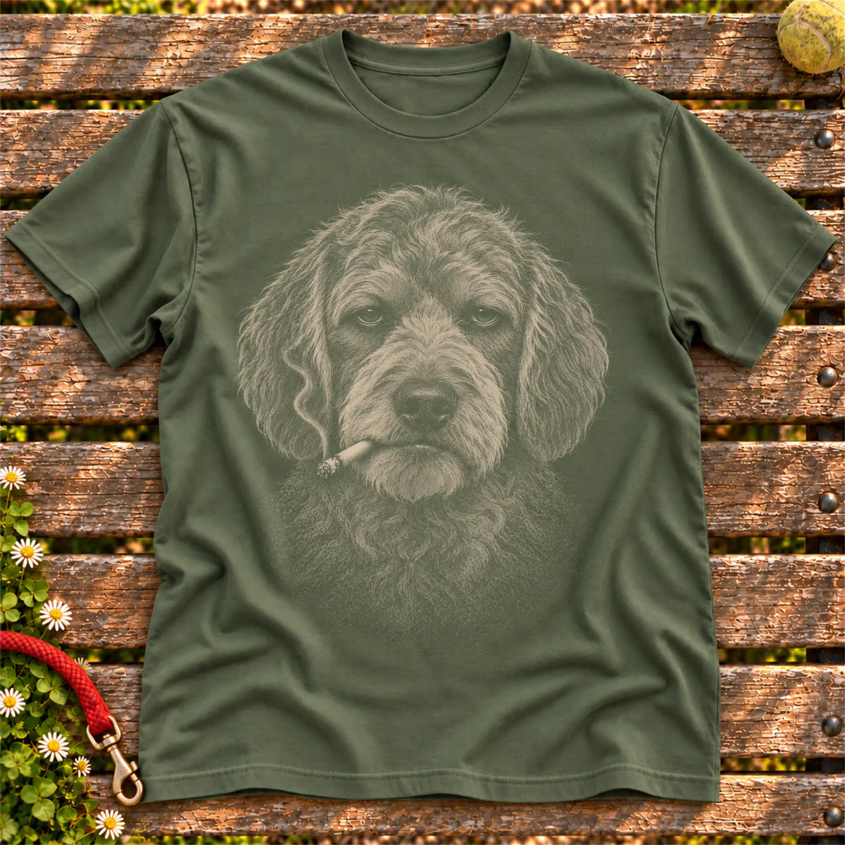 Goldendoodle smoking design on a Military Green t-shirt