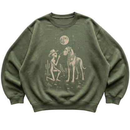 Military Green crewneck sweatshirt featuring Great Dane Cowboy and Alien, laid-flat presentation