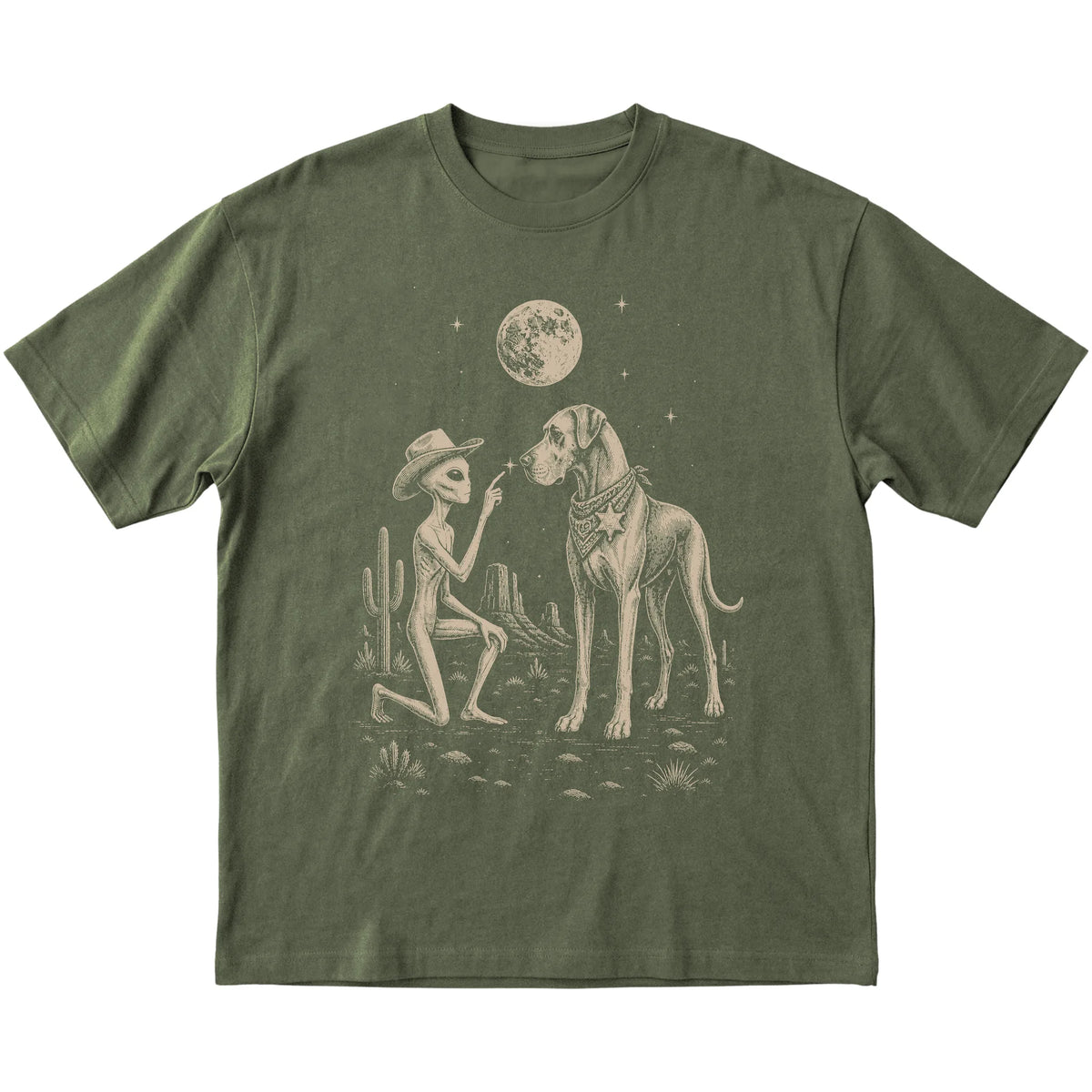 Military Green T-shirt featuring Great Dane Cowboy and Alien, laid-flat presentation