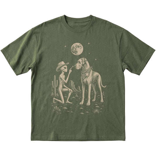 Military Green T-shirt featuring Great Dane Cowboy and Alien, laid-flat presentation