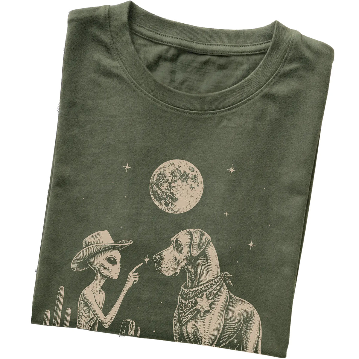 Military Green T-shirt featuring Great Dane Cowboy and Alien, folded presentation