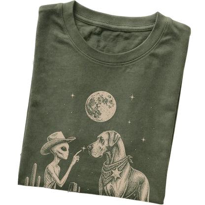 Military Green T-shirt featuring Great Dane Cowboy and Alien, folded presentation