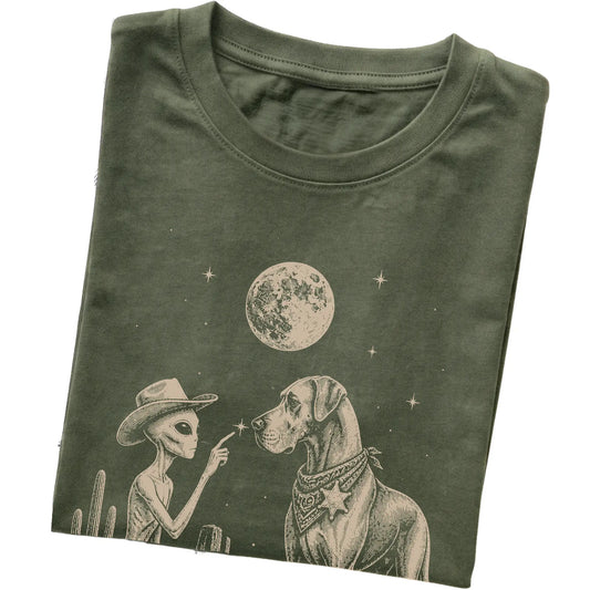 Military Green T-shirt featuring Great Dane Cowboy and Alien, folded presentation