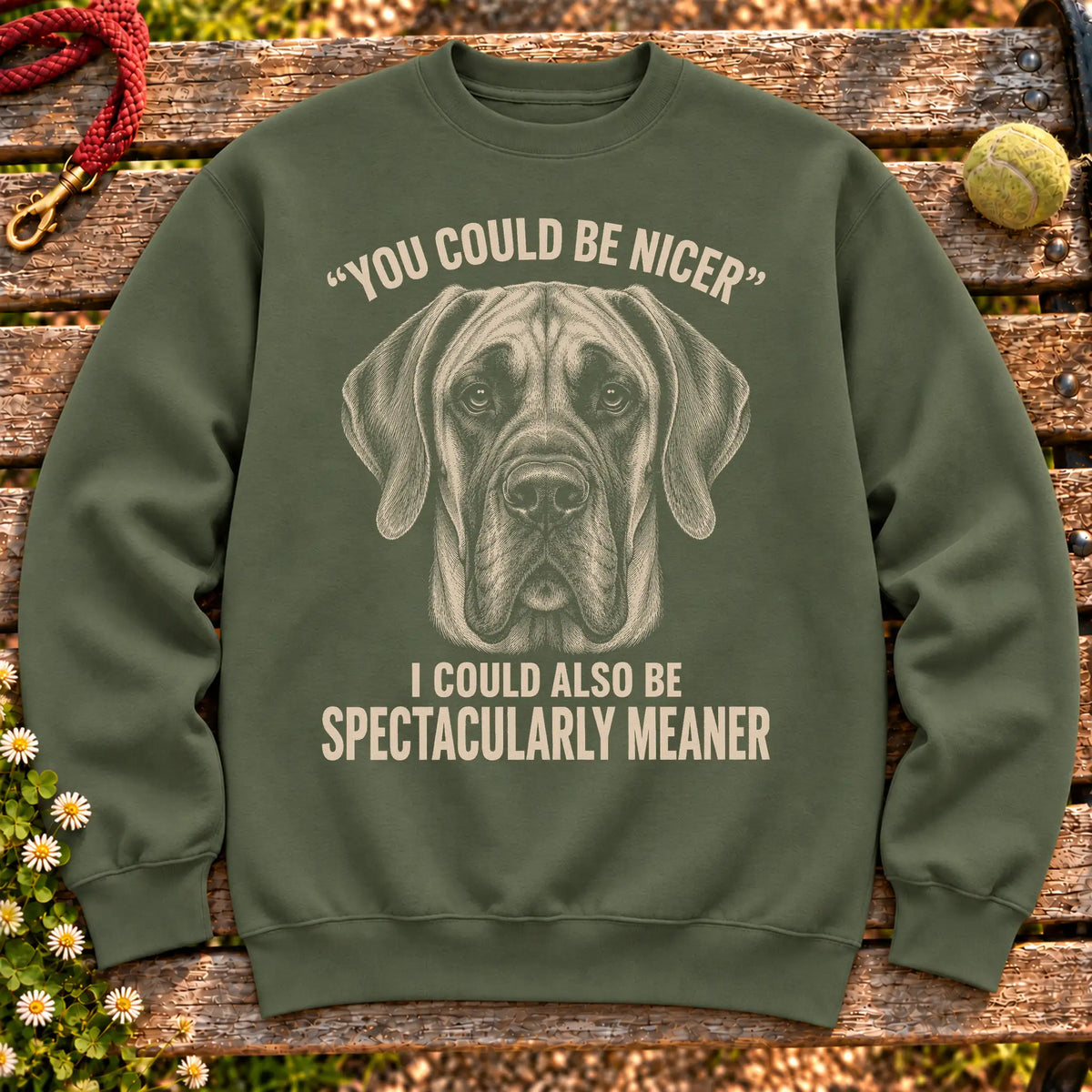 Great Dane Guard Dog on a Military Green crewneck sweatshirt, shown flat