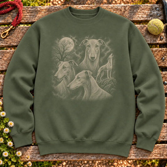 Greyhound 90s Moon design on a Military Green crewneck sweatshirt shown flat