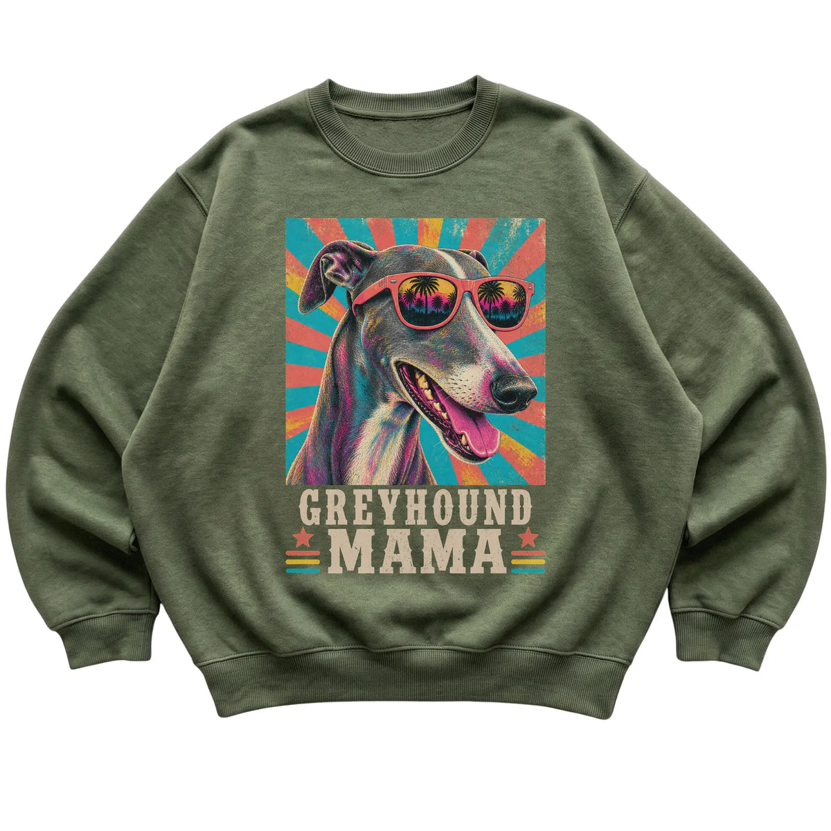 Retro Greyhound Mama design on a Military Green crewneck sweatshirt