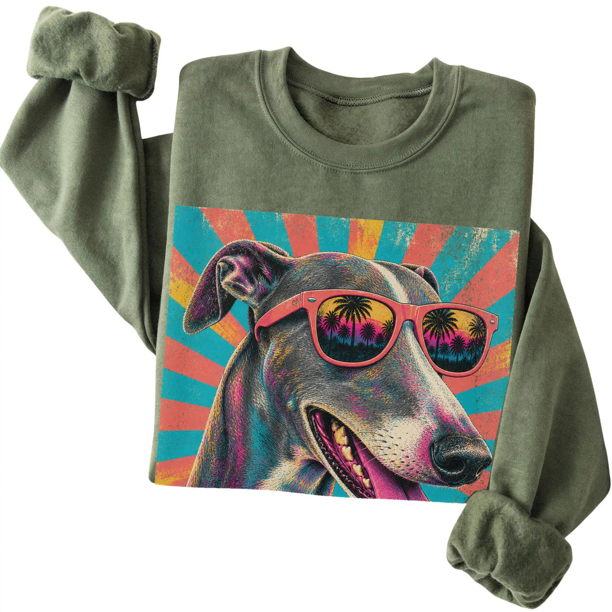Folded Military Green crewneck sweatshirt with a Retro Greyhound Mama design