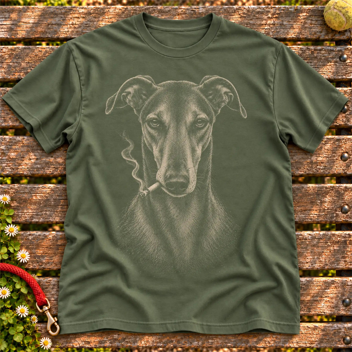 Greyhound smoking design on a Military Green t-shirt