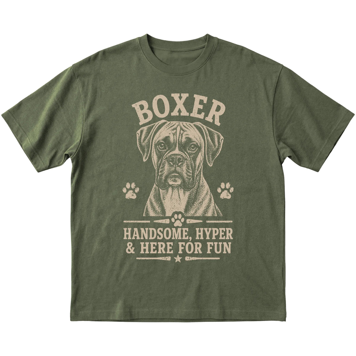 Military Green T-shirt featuring Handsome, Hyper & Here For Fun - Boxer, laid-flat presentation