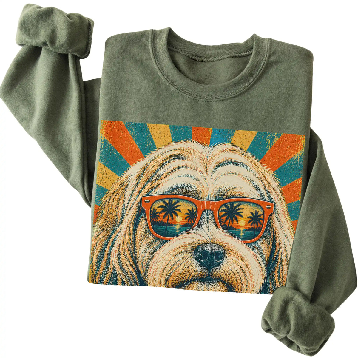 Folded Military Green crewneck sweatshirt with a Retro Havanese Dad design