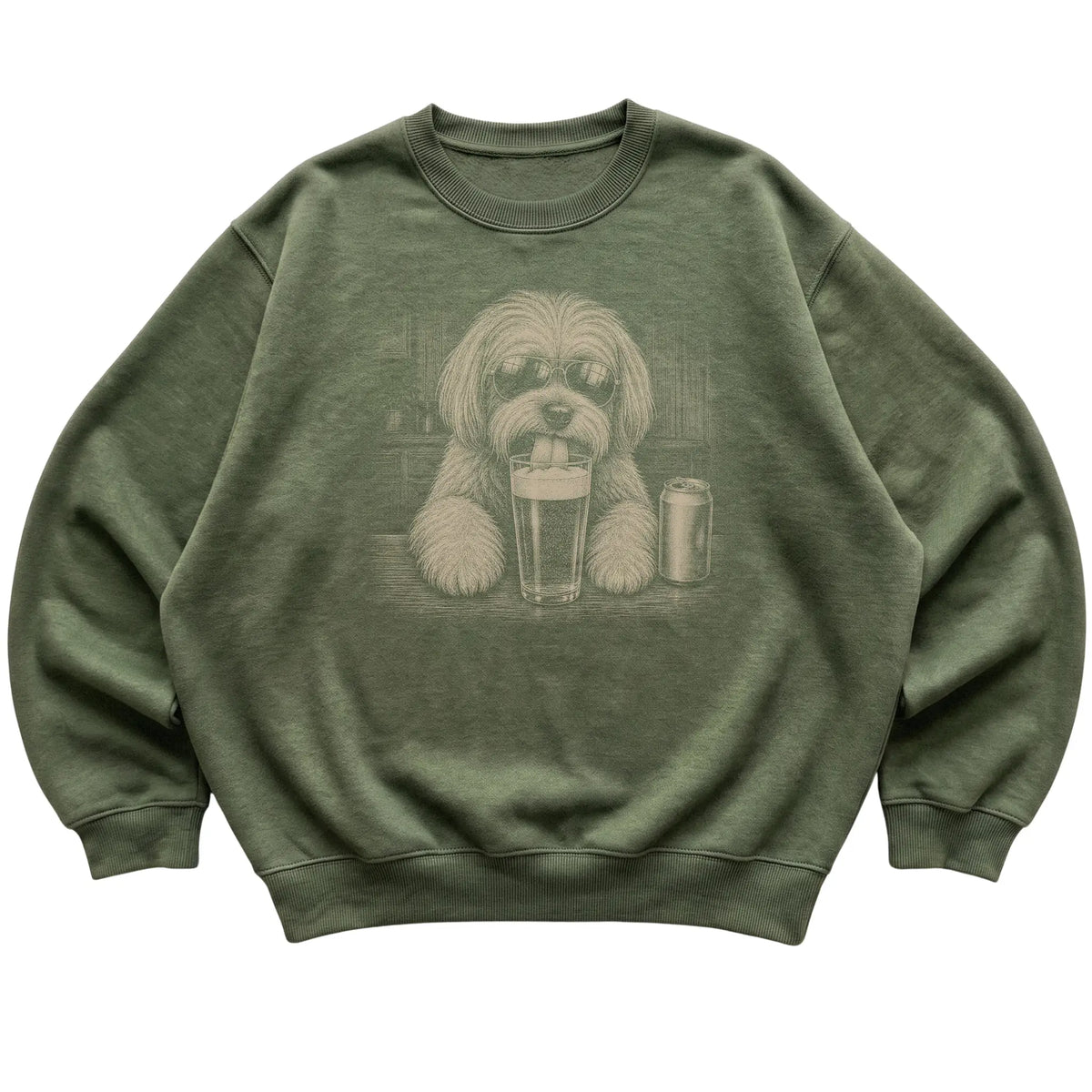 Military Green Havanese drinking from a pint at a bar, laid flat