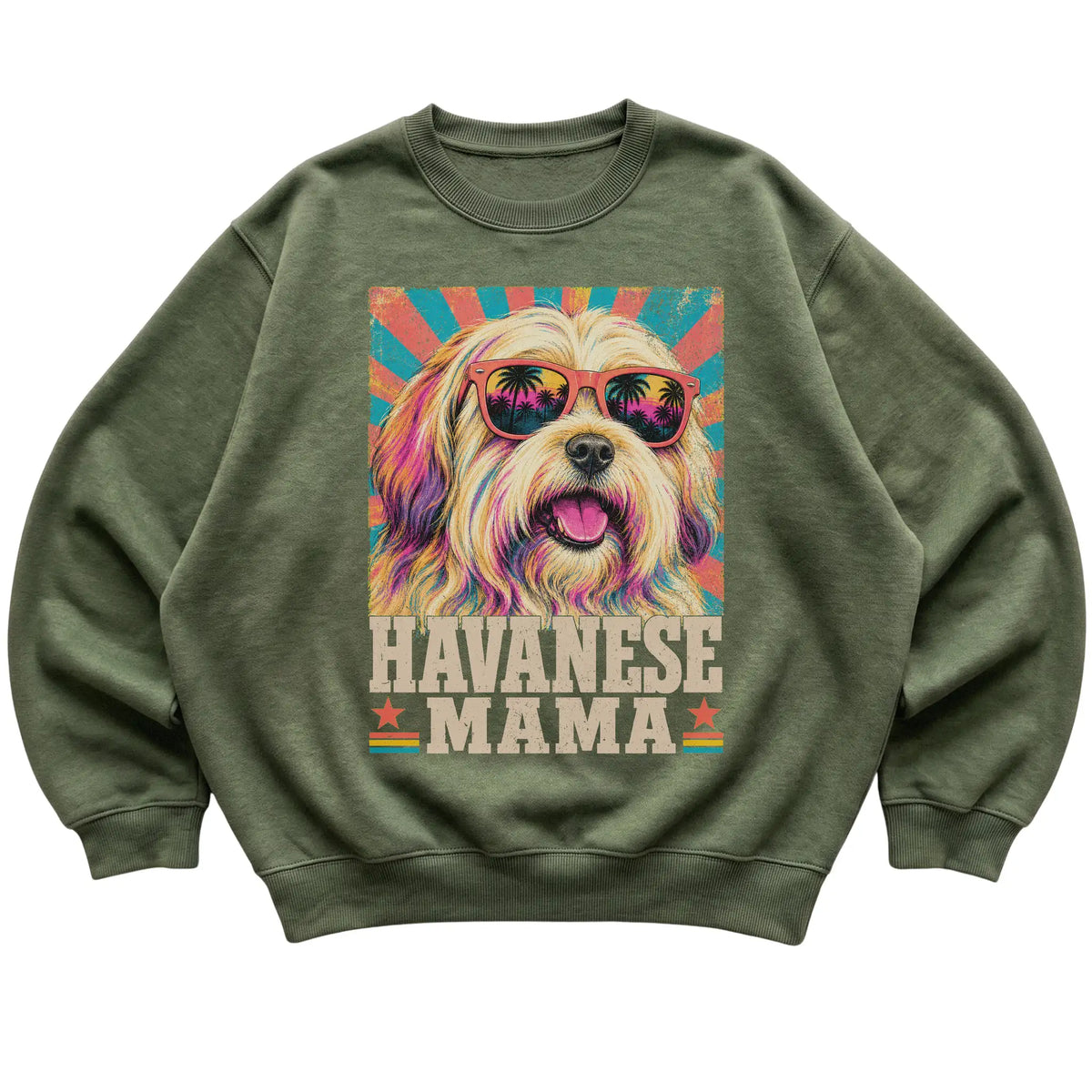 Retro Havanese Mama design on a Military Green crewneck sweatshirt